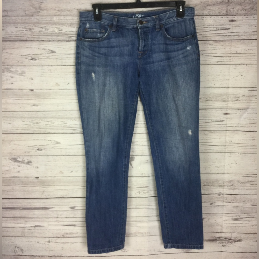 Ann Taylor LOFT Women’s Boyfriend Distressed Blue Denim Button Fly Jeans